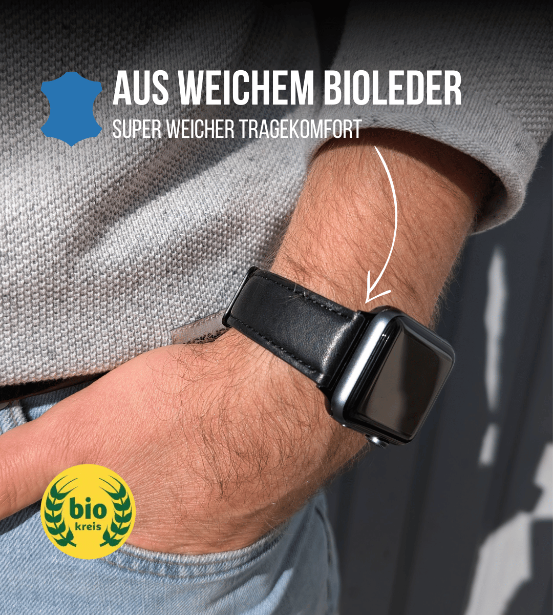 Apple Watch® Biolederband | Schwarz Naht