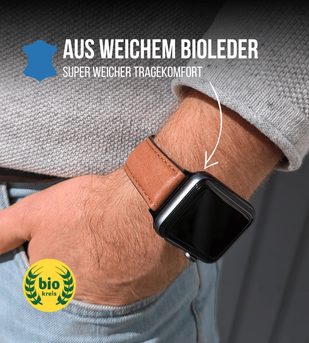 Apple Watch® Biolederband Madl | Mittelbraun Naht